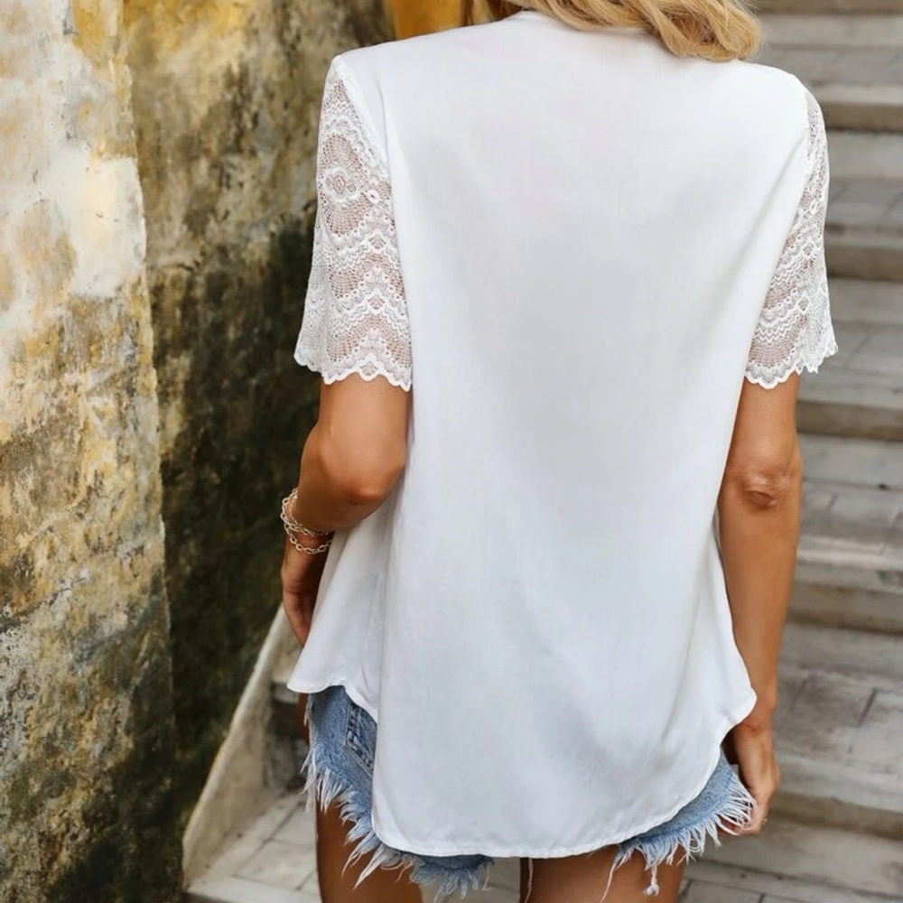 Lace Short sleeve button up shirt white minimalist casual boho - Picture 3 of 3